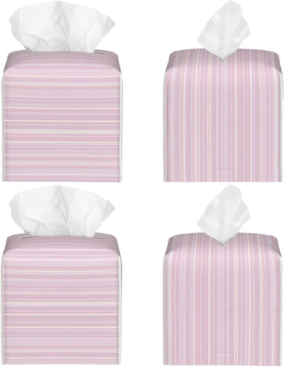 Pastel Light Pink Thin Stripes Pattern Tissue Box Cover Square Pu Leather Waterproof Tissue Box Holder for Car Bathroom Bedroom Office Tabletop Decor