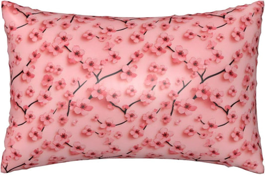 Cute Pink Peach Blossom Satin Pillowcase for Hair and Skin 20x30 in Queen Size Pillows Case Cover with Zipper (Without Inserts)