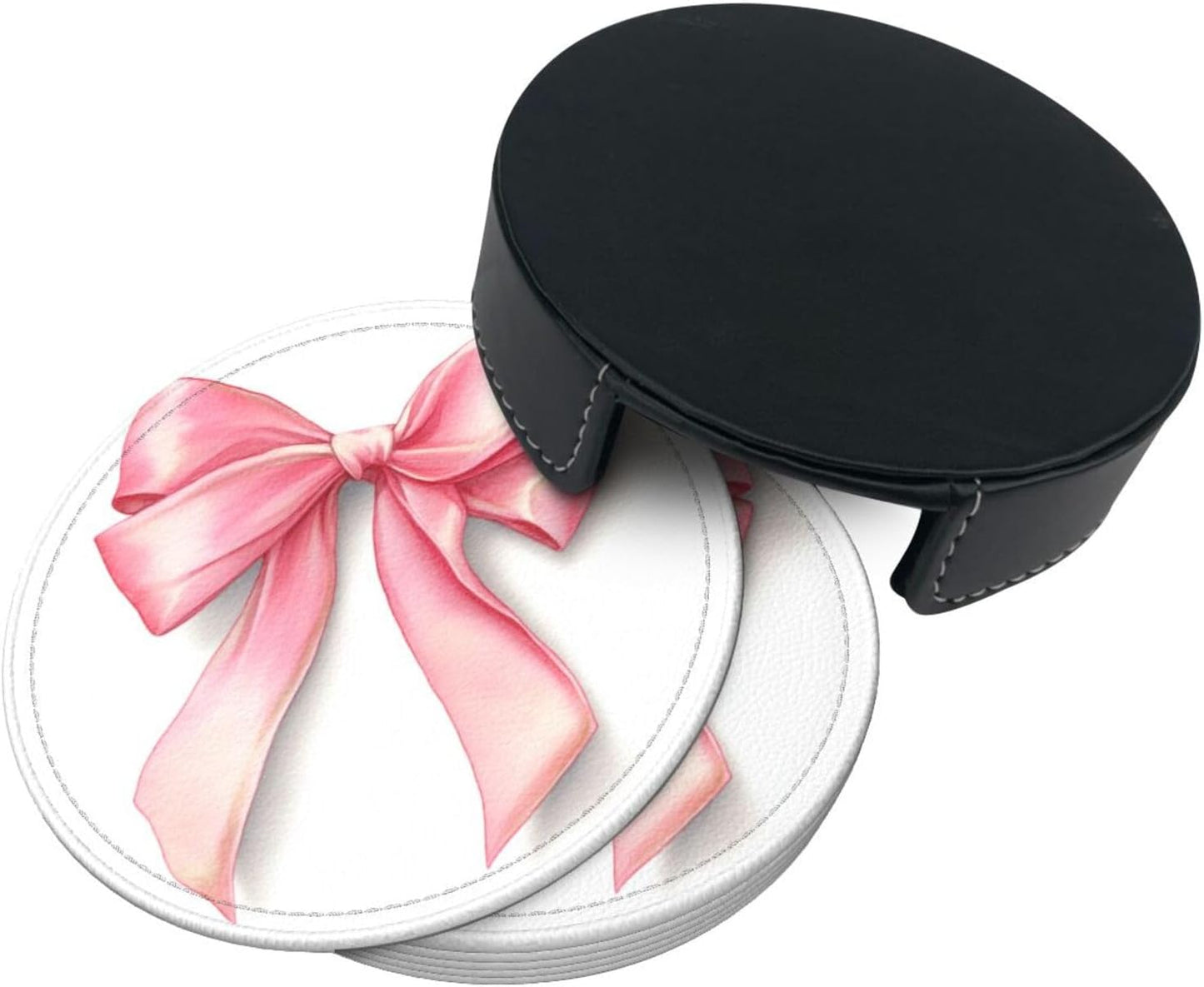 Watercolor Light Pastel Pink Ribbon Bow Premium Leather Coasters, Set of 6 with Holder, Stylish Beverage Coasters for Kitchen Coffee Bar