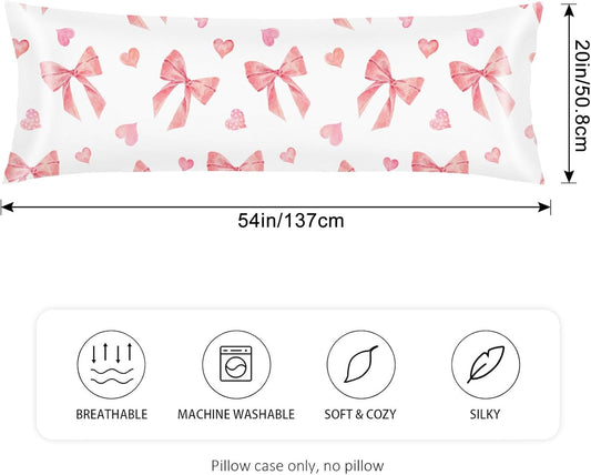 Pink Ribbon Bow Silk Satin Body Pillow Cover for Hair and Skin,Long Pillow Case Protector with Envelope Closure,Large Pillow Covers Decorative Bed Cushion Covers Cases for Sleep,20"x54",Peach