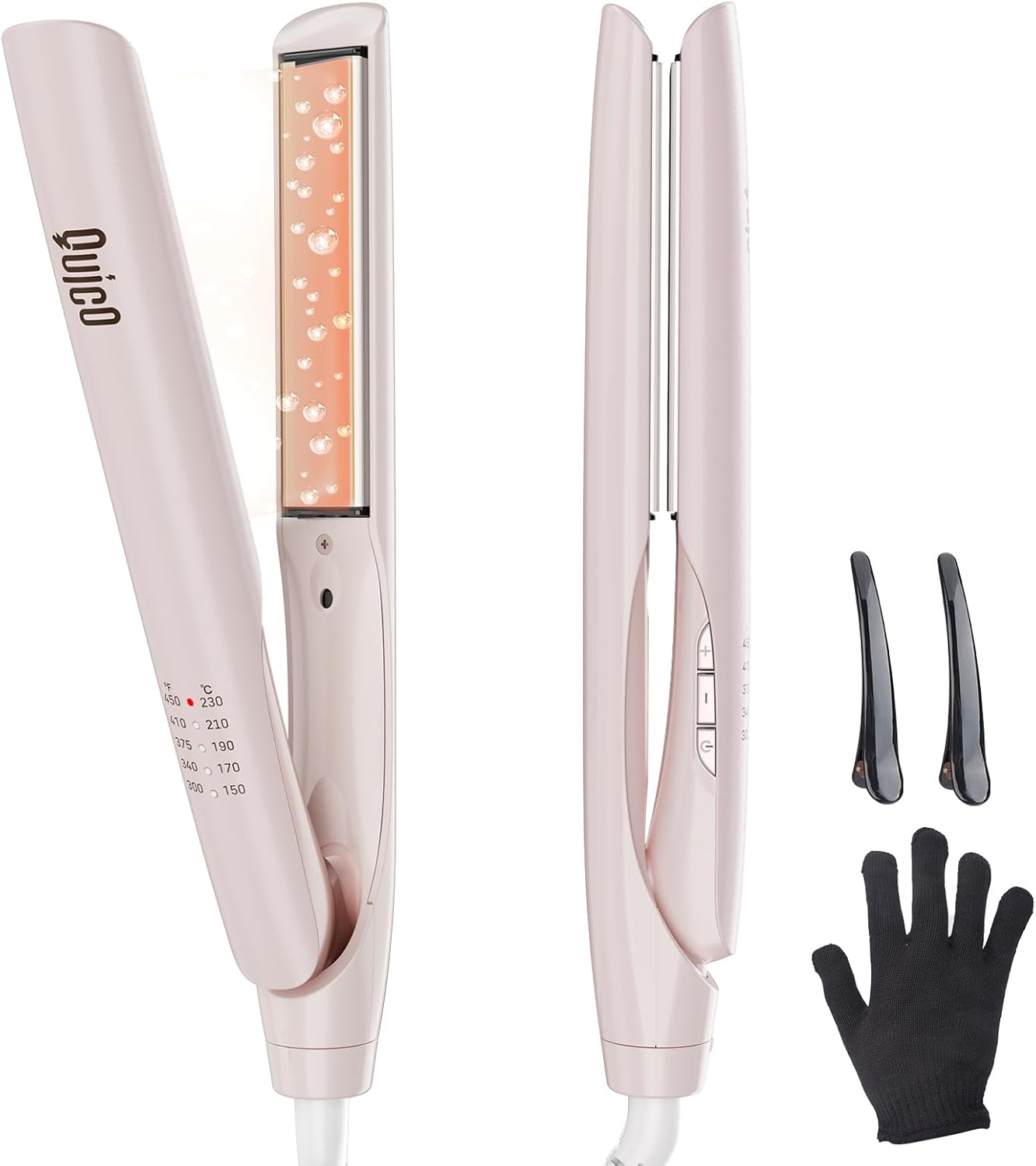 Quico Upgrade Hair Straightener, 100-240V Dual Voltage Travel Hair Straightener and Curler with 15s Heat Up, Professional Negative Ion Ceramic Flat Iron for Less Frizz, 5 Temp & Auto Shut-Off, Pink