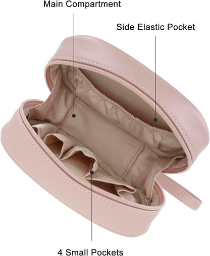 E-Tree PU Leather Makeup Bag for Women – Double Zipper Travel Cosmetic Bag Organizer, Waterproof Small Toiletry Pouch for Girls, Skincare & Accessories, Cute Pink Makeup Case with Wrist Strap