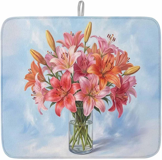 Dish Drying Mat for Kitchen Counter,Watercolor Pink Lily Floral Absorbent Microfiber Drainer Rack Pad Flower Vase on Light Blue Quick Dry Mat for Sinks Dishes Utensils 16x18in,1 Pack