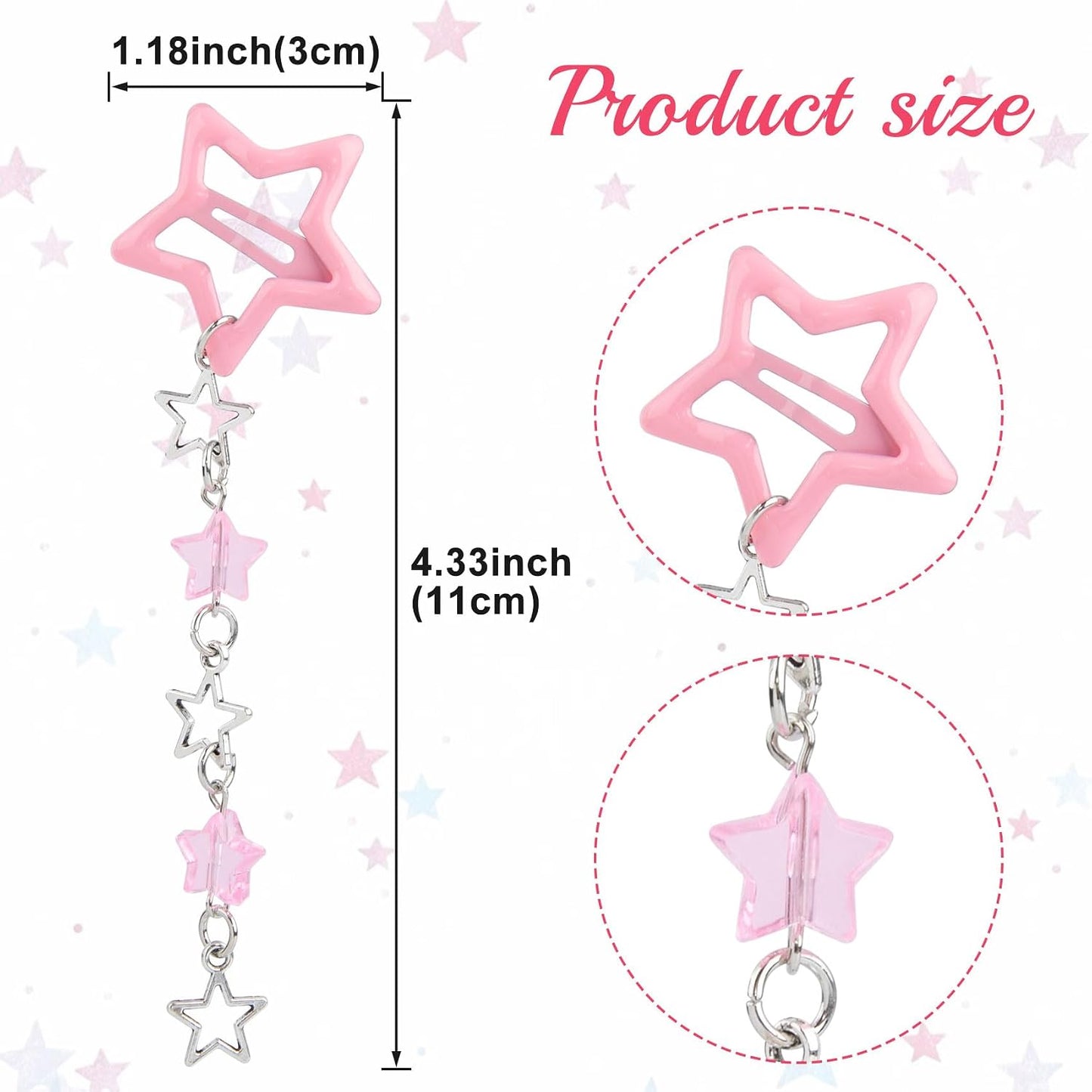 Pndeyo 2pcs Star Tassels Hair Clips for Women, Non-Slip 2000s Y2k Snap Barrettes, Cute Star Beaded Pendant Pin Accessories for Braid Long Short Thin Thick Hair - Pink
