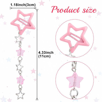 Pndeyo 2pcs Star Tassels Hair Clips for Women, Non-Slip 2000s Y2k Snap Barrettes, Cute Star Beaded Pendant Pin Accessories for Braid Long Short Thin Thick Hair - Pink