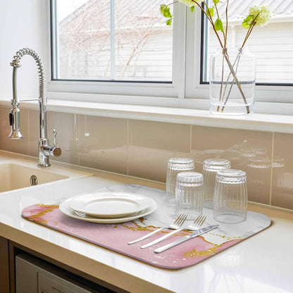 Dish Drying Mat for Kitchen Counter, Modern White Pink Marble Texture Absorbent Dish Mats Foldable Microfiber Drainer Pad 1PCS 18"x16", Classic Stone Artwork Plate Holder Mat for Countertop Sink