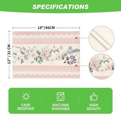 Artoid Mode Pink Printed Lace Floral Spring Placemats Set of 4, 12x18 Inch Seasonal Summer Holiday Table Mats for Party Kitchen Dining Decoration