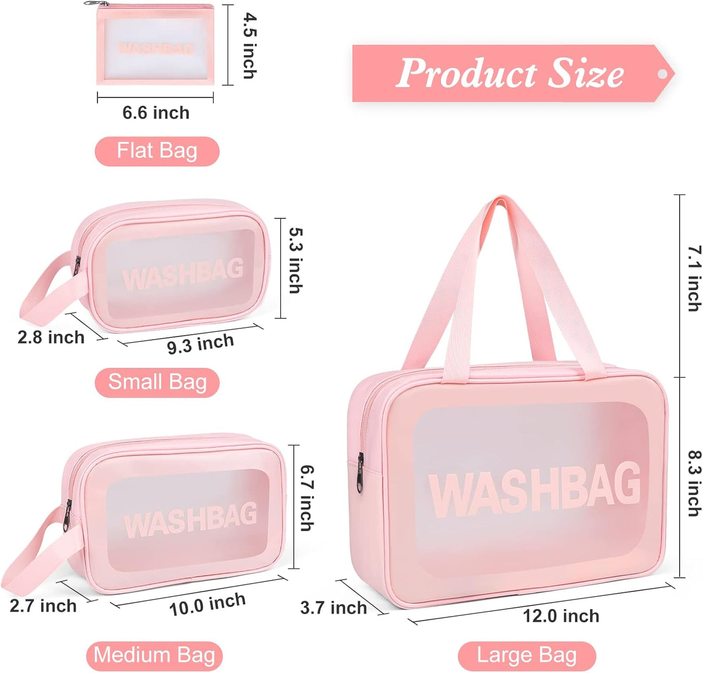 YuanCheng Upgrade Travel Toiletry Bags for Women, Pack-4 Different Size Make Up Bags with Handle, Large Capacity Translucent Waterproof Travel Cosmetic Bags (Comestic Bag-Pink)