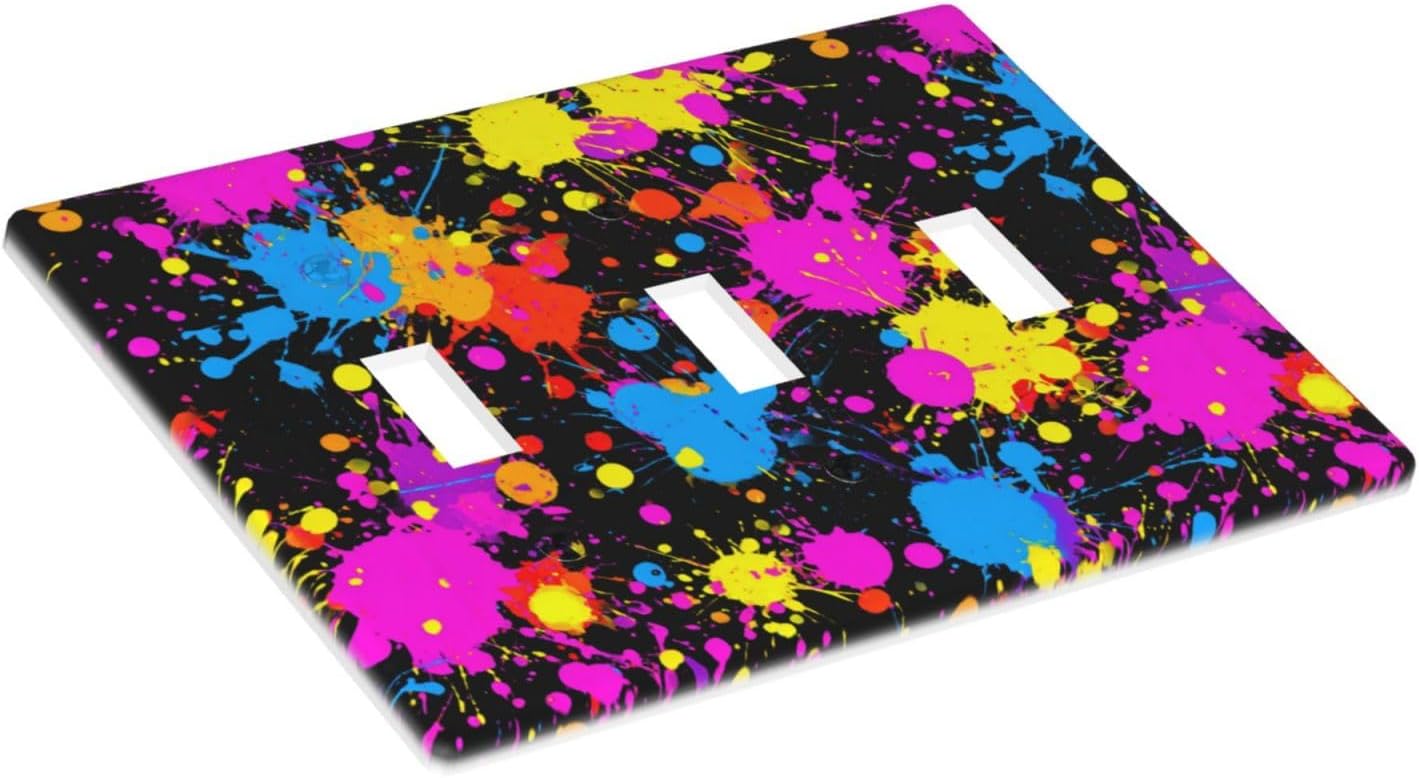 Neon Abstract Pink Blue Yellow Paint Splatter Light Switch Covers 3 Gang Triple Toggle Wall Plate Switchplate Electrical Faceplate For Bathroom Kitchen Bedroom Decor