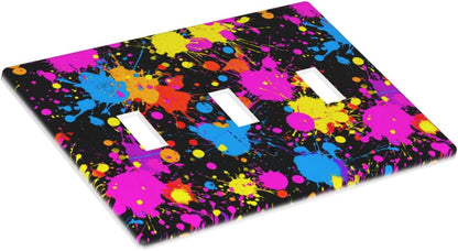 Neon Abstract Pink Blue Yellow Paint Splatter Light Switch Covers 3 Gang Triple Toggle Wall Plate Switchplate Electrical Faceplate For Bathroom Kitchen Bedroom Decor
