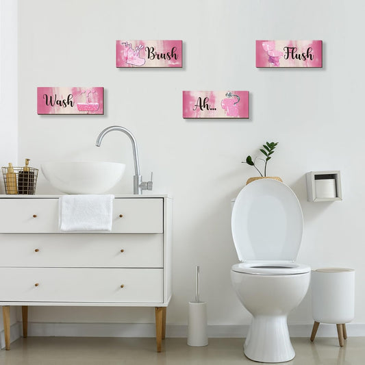 FENCORDAR 4 Pcs Pink Bathroom Decor Abstract Wall Decor Wooden Pink Bathroom Accessories Modern Funny Glitter Wall Art for Home Toilet Decoration 10x4 Inches