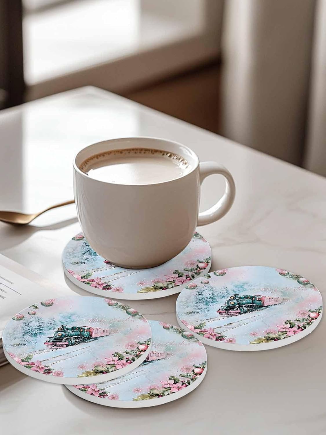 Merry Christmas Coaster Set of 6 Train Snow Flowers Lights Berries Pink Drink Coasters Absorbent Ceramic Coaster for Table Dining Cup Mat for Kitche Cafe Bar Warming Gifts 4 Inches