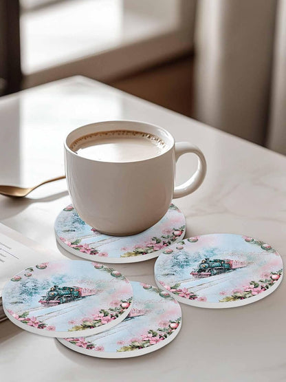 Merry Christmas Coaster Set of 6 Train Snow Flowers Lights Berries Pink Drink Coasters Absorbent Ceramic Coaster for Table Dining Cup Mat for Kitche Cafe Bar Warming Gifts 4 Inches