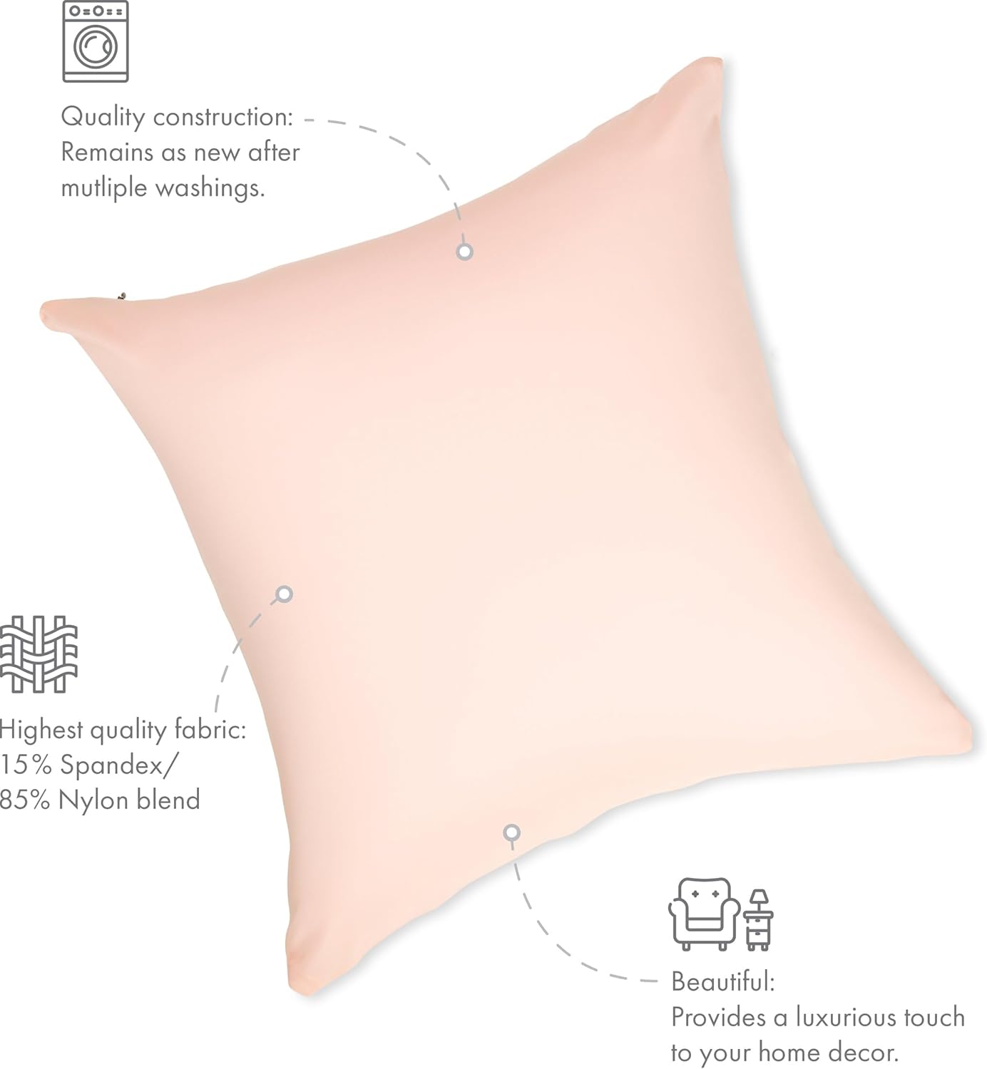 PILLOWY 20" x 20" Throw Pillow - Cream Peach: 1 PCS Luxurious Premium Microbead Pillow with 85/15 Nylon/Spandex Fabric. Forever Fluffy, Outstanding Beauty & Support. Silky, Soft & Beyond Comfortable