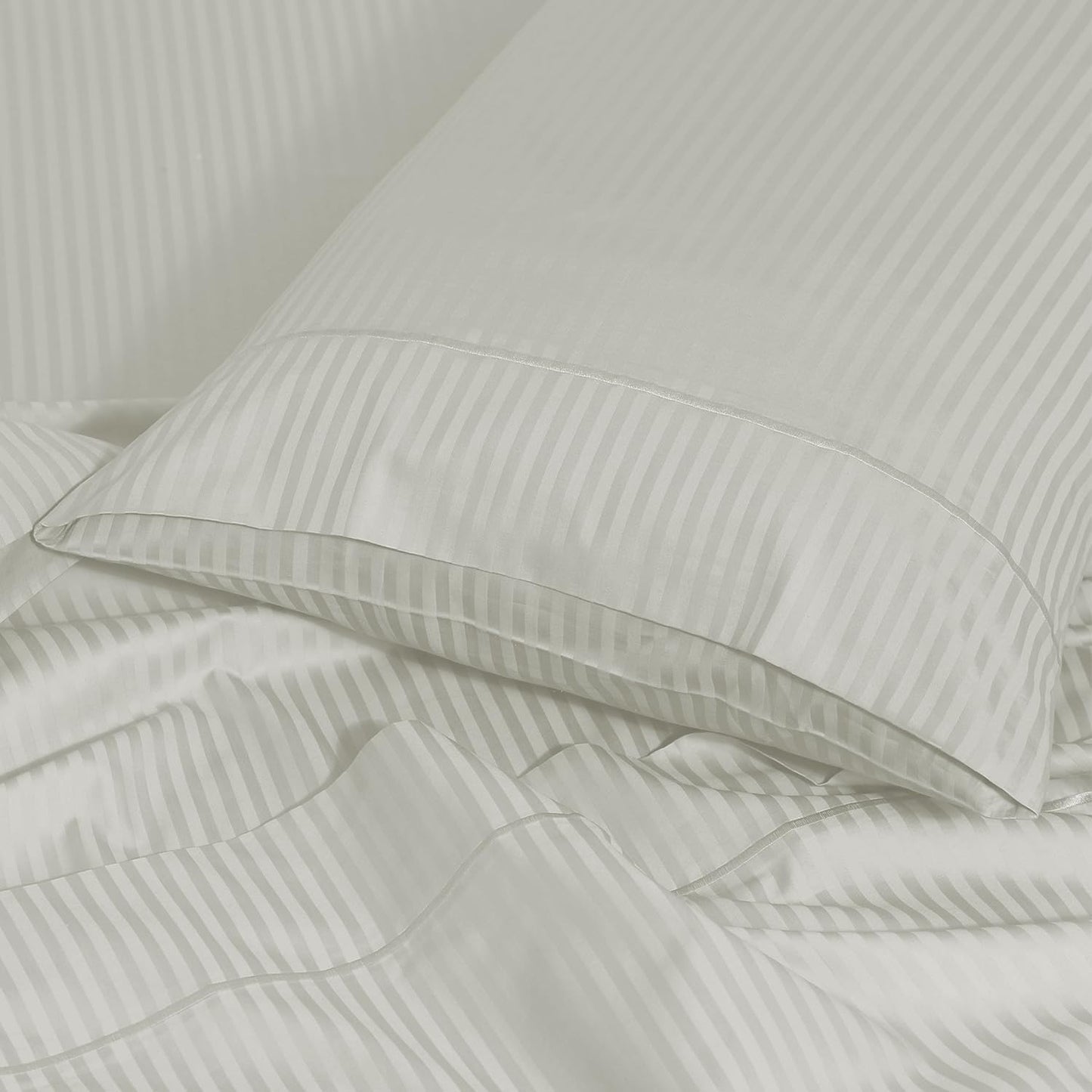 Feather & Stitch 100% Cotton Standard Pillow Covers Set of 2, 500TC Envelope Closure Pillowcases, Soft Luxury Damask Stripe Sateen Weave Pillow Case for Sleeping, 20x30 Inches - Blue Blush Stripe