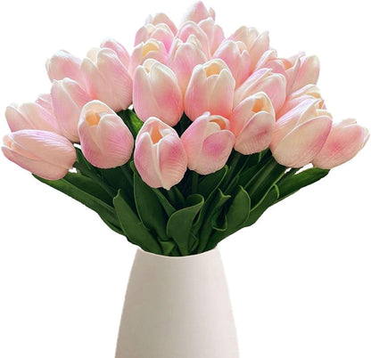 18pcs Artificial Tulips 13" PU Artificial Flowers for Family Friends Gifts DIY Flower Arrangement Home Kitchen Office Party Wedding Dining Table Decoration, Light Pink