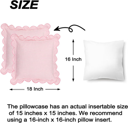 Coastal Style Indoor/Outdoor Scalloped Edge Embroidered Pillow Cover Only, 18“ x 18”, for Sofa, Pink Stripe Design (Pink Stripes)