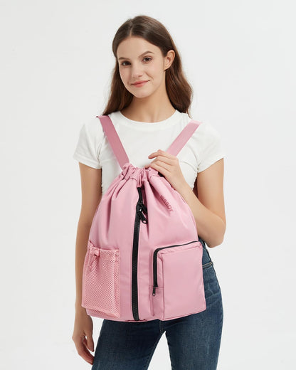 WANDF Drawstring Backpack Sports Gym Bag with Shoes Compartment, Water-Resistant String Beach Sackpack Swim Bag for Women and Men (Pink) | with Shoes Compartment