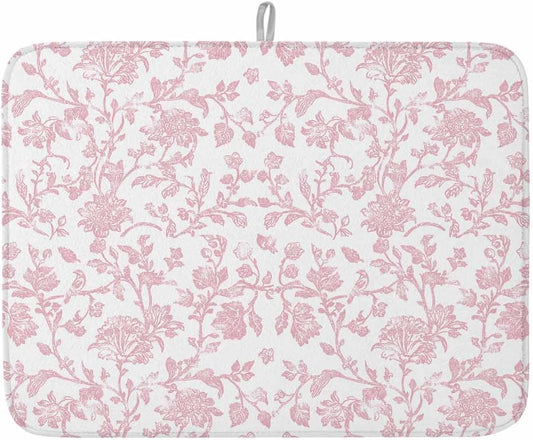 Light Pink Floral Paisley Dish Drying Mat, 18''x24'', Boho Leaf Vintage Farmhouse Linen Super Absorbent Kitchen Mats Dish Drying Pad for Kitchen Counter