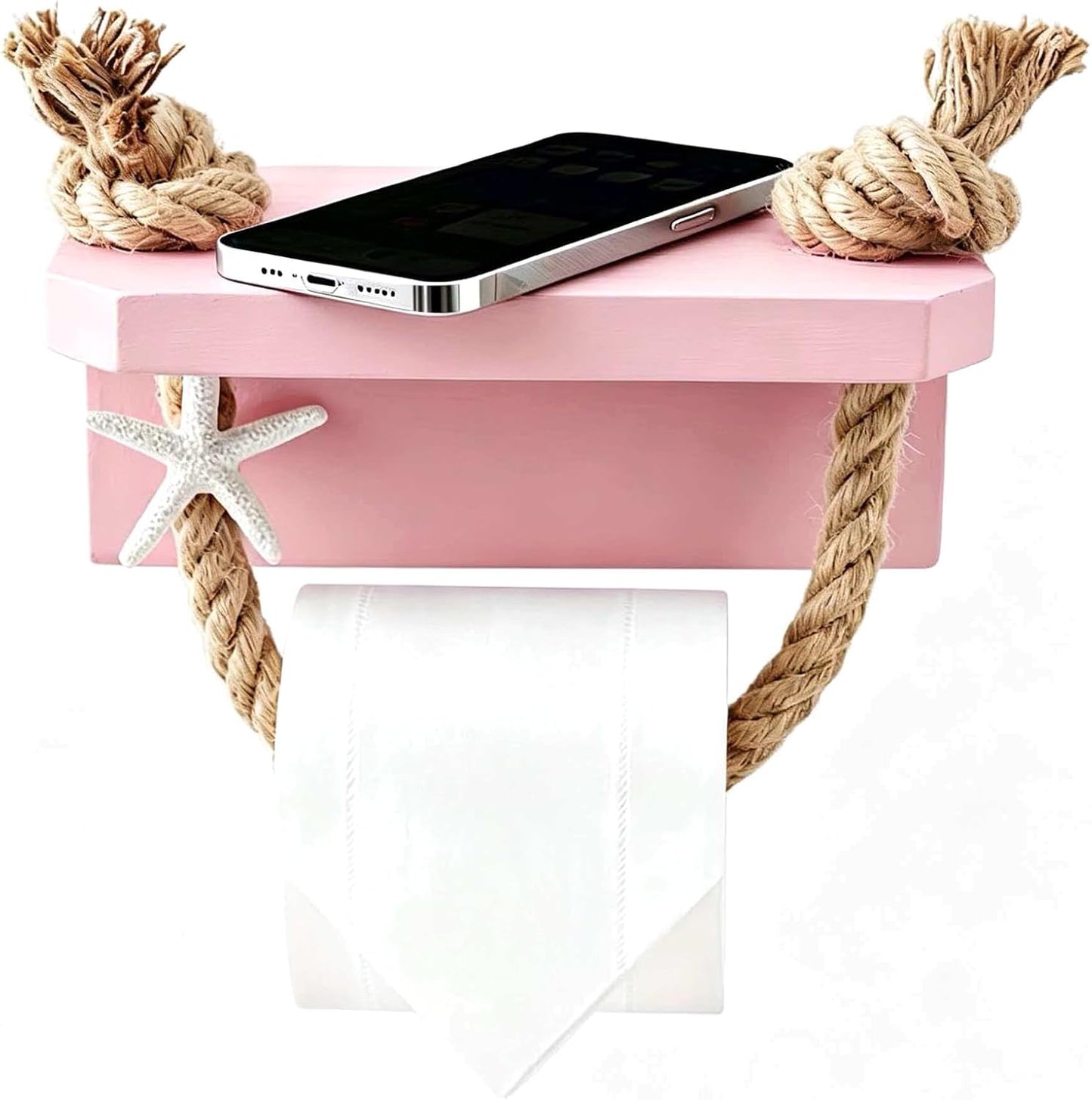 Mermaid Toilet Paper Holder - Pink Beach Coastal Rope Bathroom Decor with Starfish Wall Mount, Farmhouse Tissue Holder with Wood Shelf, Rustic Towel Rack Bathroom Accessories