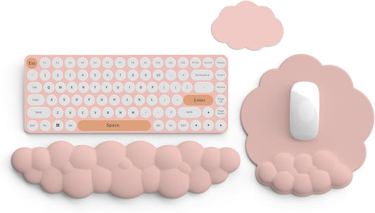 Cloud Keyboard Wrist Rest and Mouse Pad with Wrist Support Set, Ergonomic PU Leather Mouse Pads, Memory Foam Non-Slip Mousepad for Computer,Laptop, Light Pink Cloud