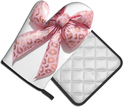 Light Pink Bow Balloon Leopard Print Oven Mitts and Pot Holders Sets,Heat Resistant Potholder Kitchen Decor for Cooking Baking BBQ, Oven Glove Set