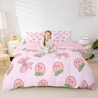 Erosebridal Bowknot Duvet Cover Queen Size Peach Bedding Set for Kids Boys Girls Cute Cartoon Peaches Kawaii Pink Bow Comforter Cover Fruit Princess Ribbon Bowtie Bedclothes