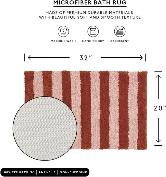 MONDAY MOOSE Bath Mat with Striped Design, Microfiber Absorbent Non Slip Tufted Rug for Floor, Shower or Kitchen (20x32 inch, Blush)