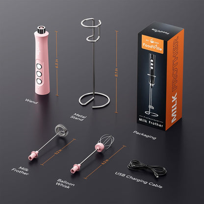 FoodVille MF02 Rechargeable Milk Frother Handheld Foam Maker with Stainless Whisk for Cappuccino, Latte, Bulletproof Coffee, Keto Diet, Protein Powder, Matcha (Coral Pink)