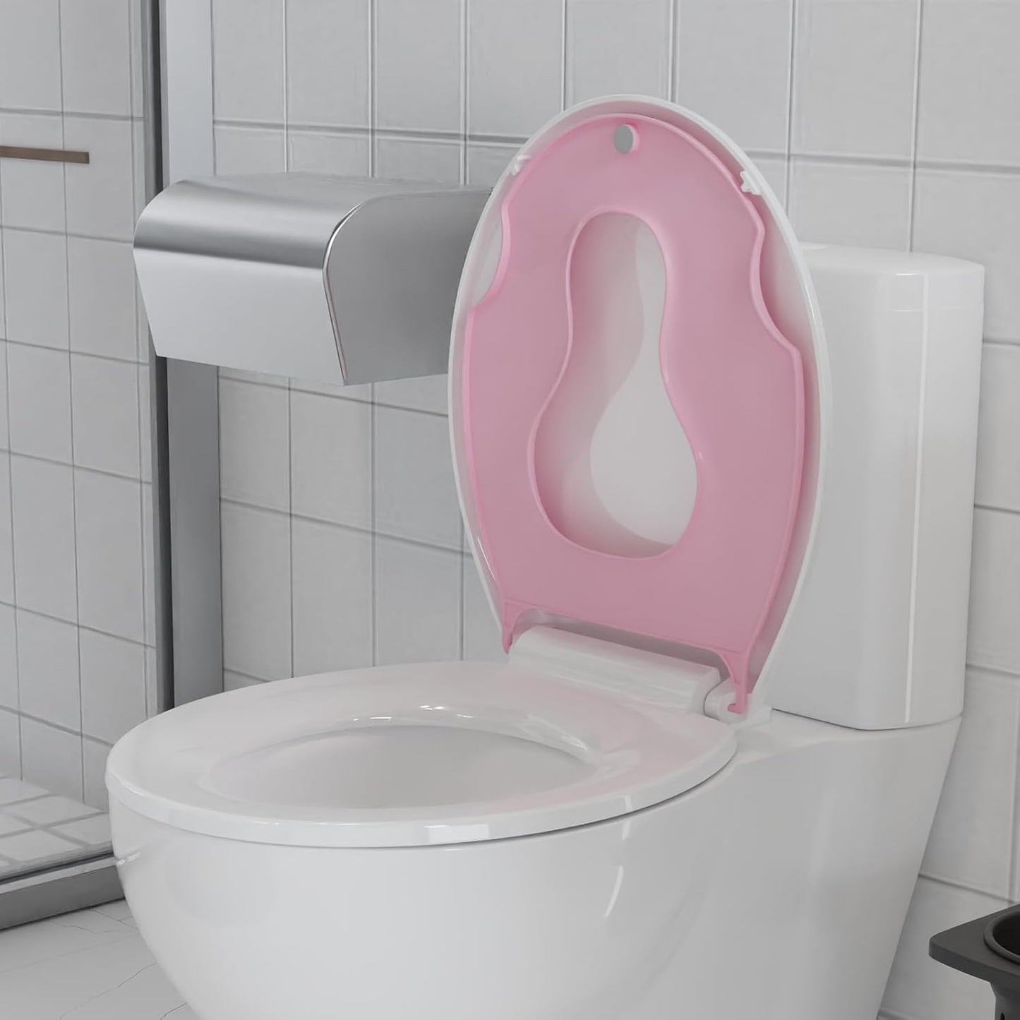 17” Round Toilet Seat with Built-in Toddler Seat for Easy Potty Training, Baby Toilet lid 2 in 1, Easy Install and Clean, PP Material Safe and No Loosen, Perfect for Both Adults and Children, Pink