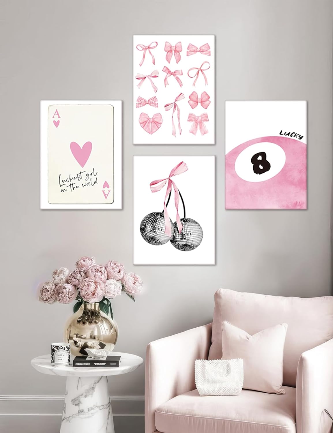 Trendy Pink Wall Art Set of 4, Coquette Preppy Wall Decor, Pink Bows Cherry Room Decor Aesthetic Cute Girly Lucky 8 Ball Canvas Posters Prints for College Apartment Dorm Bedroom 8x10 Inch Unframed