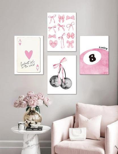 Trendy Pink Wall Art Set of 4, Coquette Preppy Wall Decor, Pink Bows Cherry Room Decor Aesthetic Cute Girly Lucky 8 Ball Canvas Posters Prints for College Apartment Dorm Bedroom 8x10 Inch Unframed