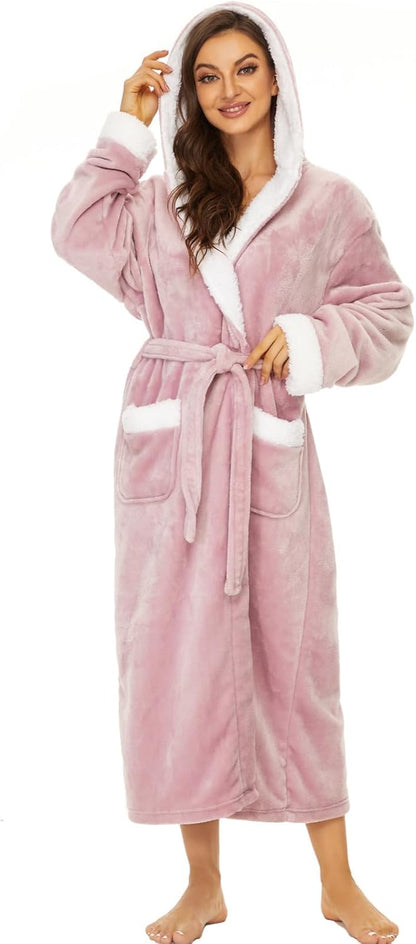 iniber Plush Robes for Women, Womens Robe Long, Fuzzy Fluffy Soft Warm Fleece Hooded Bathrobe