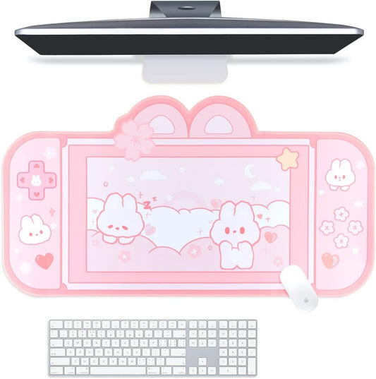 BelugaDesign Bunny Desk Pad | NS Switch Keyboard Gaming Mat Large Mousepad | Pastel Pink Kawaii Anime Desk Blotter Protector | Pink Rabbit Desk Mat for Gaming Office Home Decor Cute Desk Setup (Large)