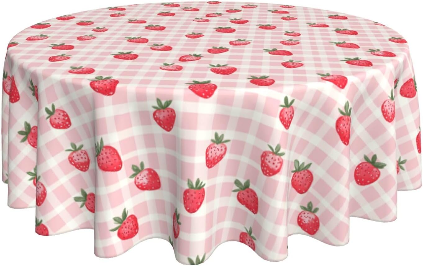 Famame Pink Gingham Cute Strawberry Round Tablecloth 60 inch Table Covers Stain Winkle Resistant Washable Tablecloths for Kitchen Indoor Outdoor Party