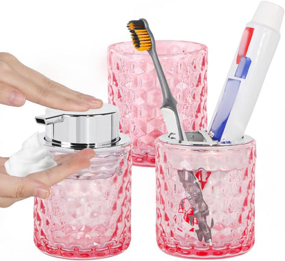 Bathroom Accessories Set, 3pcs Pink Glass Bathroom Accessory Set,Toothbrush Holder, Foaming Soap Dispenser and Tumbler, Silver Bathroom Decor Sets for Organizer, Home Apartment Gift