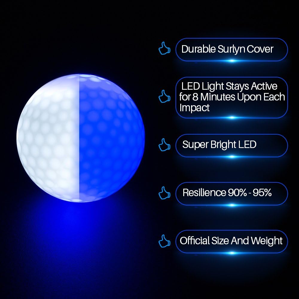 LED Light up Golf Balls, Glow in the Dark Night Golf Balls - Multi Colors of Blue, Orange, Red, White, Green, Pink - Pack of 6