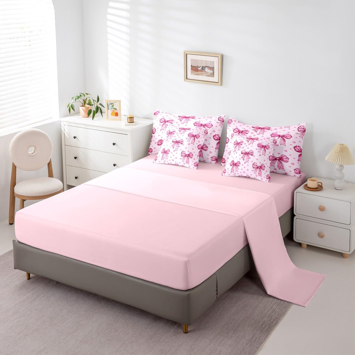 Erosebridal Pink Princess Bow Twin Comforter Set with Sheets 7 Piece Cute Coquette Bowknot Bed in A Bag Kawaii Ribbon Bow Bedding Sets for Kids Adults,Pink Watercolor Polka Dot Bed Set