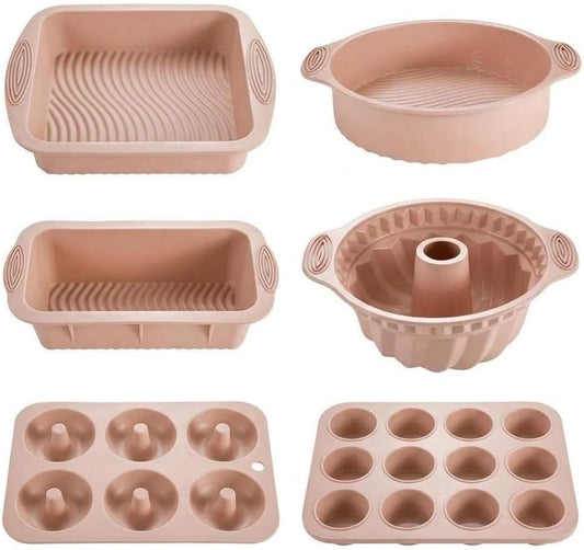 Nonstick Silicone Bakeware Set, 6 set Baking Cake Pan, Economical BPA Free Heat Resistant Bakeware Tools for DIY Loaf Bread Cheesecake Pizza Cupcake Muffin (Pink)