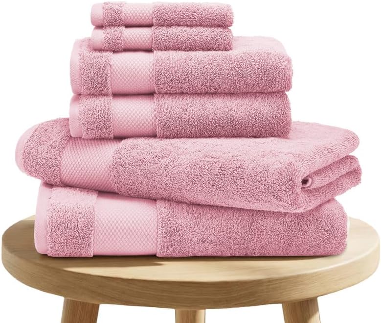 100% Organic Cotton Bath Towel Set | 700 GSM Plush 6-Piece Premium Towel Set GOTS Certified, 2 Bath Towels, 2 Hand Towels & 2 Washcloths - Dusty Pink