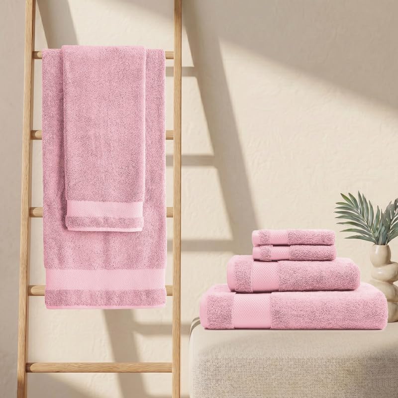 100% Organic Cotton Bath Towel Set | 700 GSM Plush 6-Piece Premium Towel Set GOTS Certified, 2 Bath Towels, 2 Hand Towels & 2 Washcloths - Dusty Pink