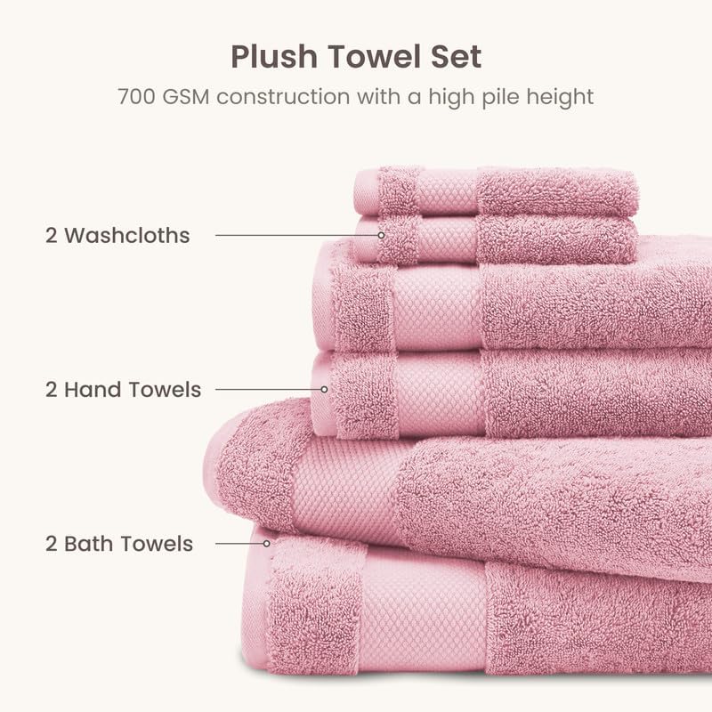 100% Organic Cotton Bath Towel Set | 700 GSM Plush 6-Piece Premium Towel Set GOTS Certified, 2 Bath Towels, 2 Hand Towels & 2 Washcloths - Dusty Pink