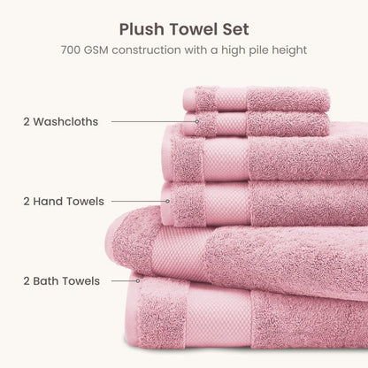 100% Organic Cotton Bath Towel Set | 700 GSM Plush 6-Piece Premium Towel Set GOTS Certified, 2 Bath Towels, 2 Hand Towels & 2 Washcloths - Dusty Pink
