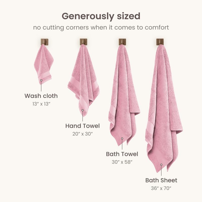 100% Organic Cotton Bath Towel Set | 700 GSM Plush 6-Piece Premium Towel Set GOTS Certified, 2 Bath Towels, 2 Hand Towels & 2 Washcloths - Dusty Pink