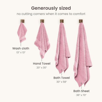 100% Organic Cotton Bath Towel Set | 700 GSM Plush 6-Piece Premium Towel Set GOTS Certified, 2 Bath Towels, 2 Hand Towels & 2 Washcloths - Dusty Pink