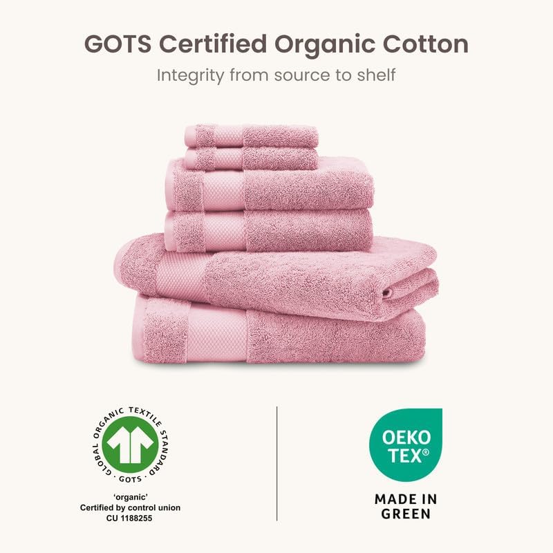 100% Organic Cotton Bath Towel Set | 700 GSM Plush 6-Piece Premium Towel Set GOTS Certified, 2 Bath Towels, 2 Hand Towels & 2 Washcloths - Dusty Pink