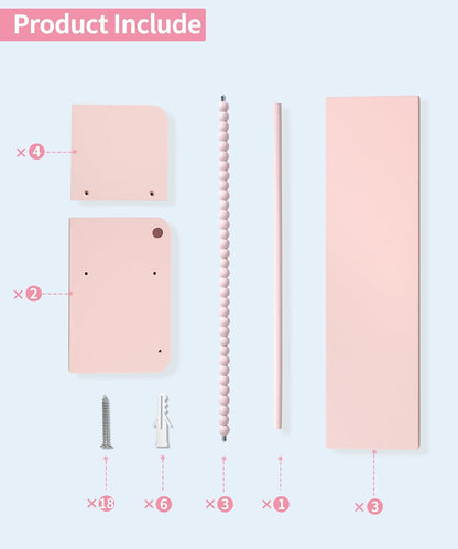 Maxpeuvon Nursery Book Shelves, Set of 3 Kids Bookshelves Natural Wood Wall Mount Organizer with Towel Bar Hanging Nursery Decor for Kids Room, Playroom, Bedroom and Kitchen, Pink