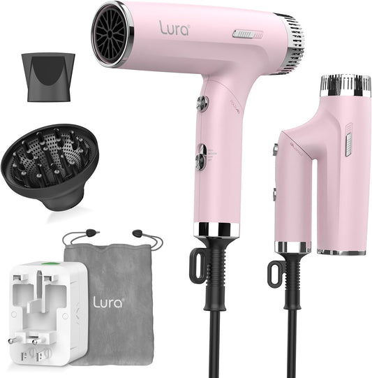 LURA Auto Dual Voltage Hair Dryer for International Travel,Travel HairDryers with Difffuser,Small Portable Blow Dryer for Women(Pink) Lightweight,Compact Mini Blowdryers with Folding Hand for Kids