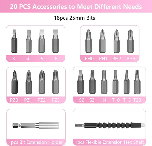 JENABOM Electric Screwdriver Pink, 3.6V Rechargeable Cordless Screwdriver, 5N.m Max Torque, 4-Gear Torque, LED Light, 20 Pcs, Ideal for Women Daily & Light Industrial Use