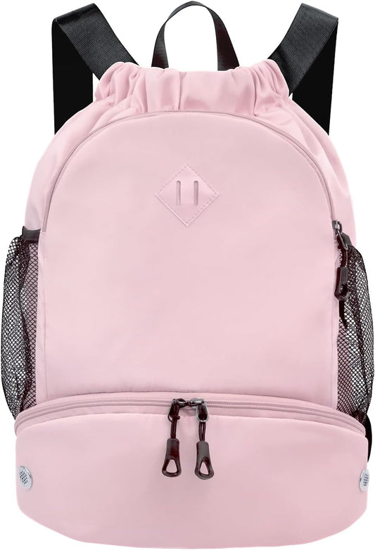 RHDZO Drawstring Backpack Gym Backpack with Shoe Compartment for Men Women String Sports Bag with Wet Pocket Cinch Swim Beach Bag, Large Pink